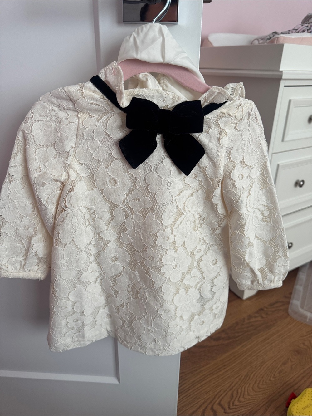 Janie and Jack Cream Lace Dress with Black Velvet Bow